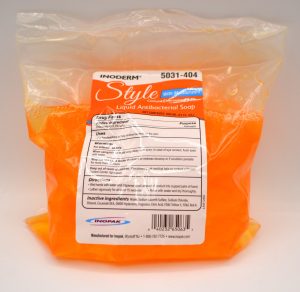 a plastic bag of liquid soap