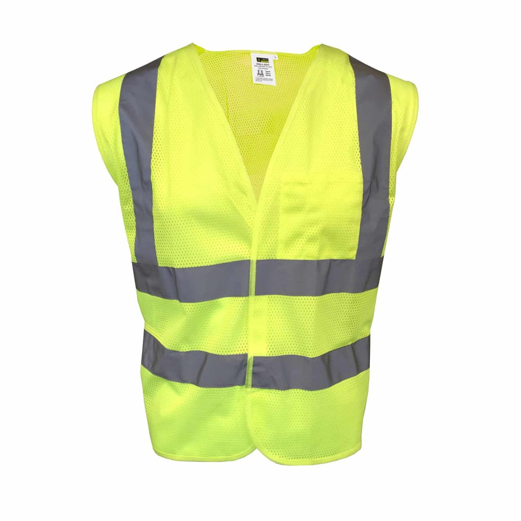 Lime-green Class 2 safety vest with dual strips and Velcro closure
