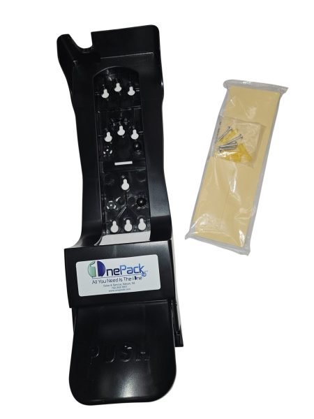 a black object with a white label and a package of screws